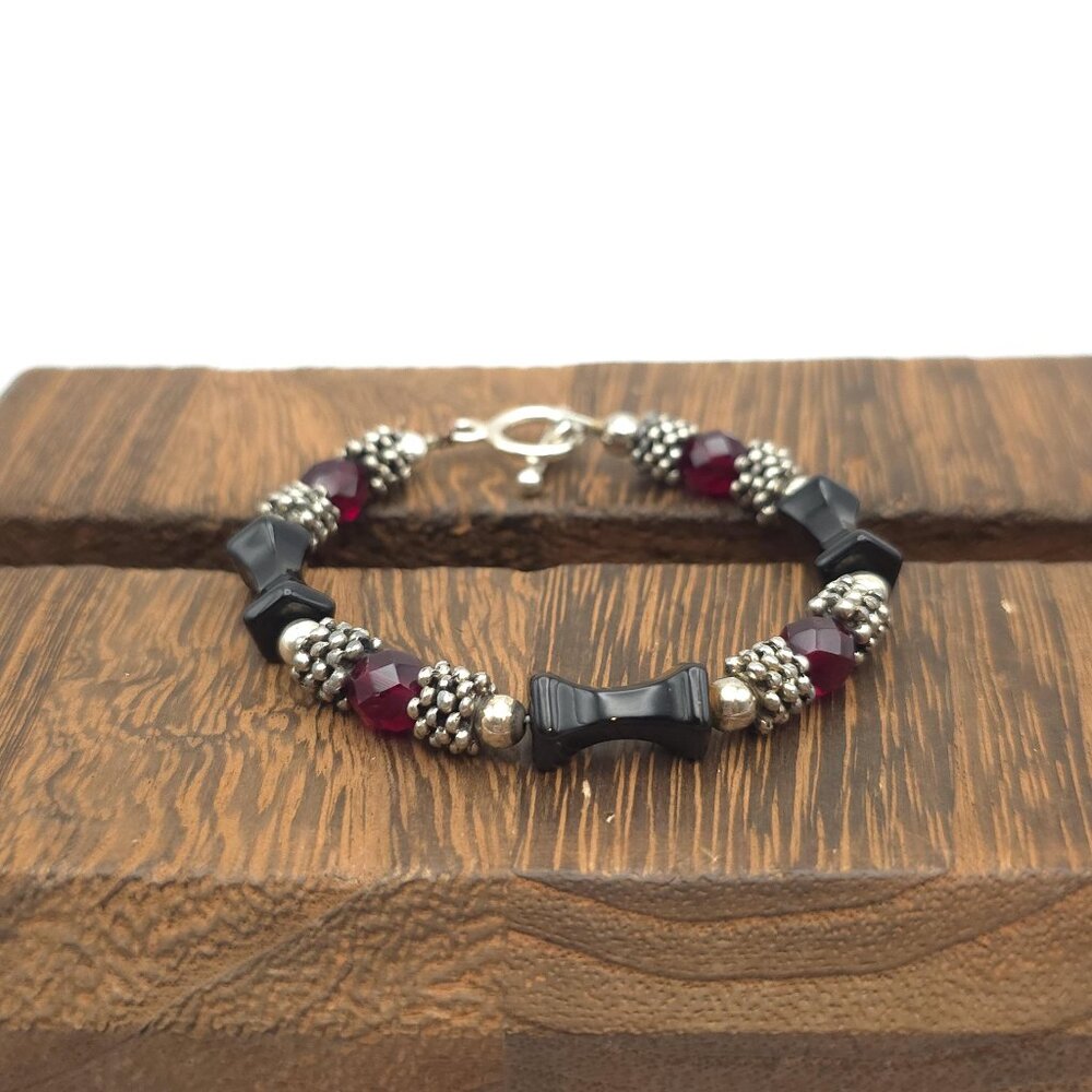 7 Inch Sterling Silver Black Glass With Crystals Bracelet B253